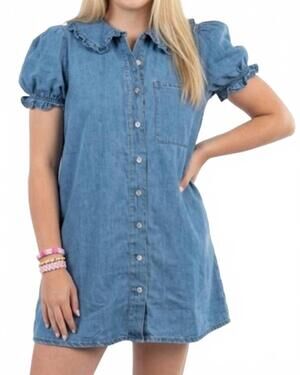 NEW MABLE coquette denim puff sleeve mini dress in blue